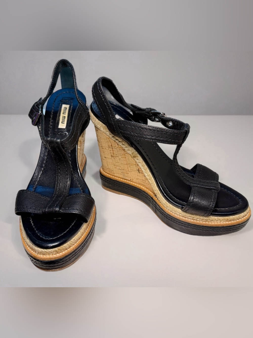 Miu Miu Size 38 Black Leather T-Strap Espadrille Cork Platform Wedge US 7.5/8